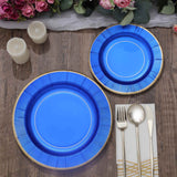 25 Pack | 10inch Royal Blue Sunray Gold Rimmed Serving Dinner Paper Plates, Disposable Party Plates