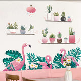 Green Tropical Palm Leaves & Flamingo Wall Decals, Peel Removable Stickers