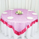 72" x 72" Fuchsia Satin Edge Embroidered Sheer Organza Square Table Overlay