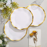 25 Pack | 8inch Matte White / Gold Wavy Rim Disposable Salad Plates, Appetizer Dessert Party Plates