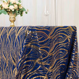 90x156inch Royal Blue Gold Wave Mesh Rectangular Tablecloth With Embroidered Sequins