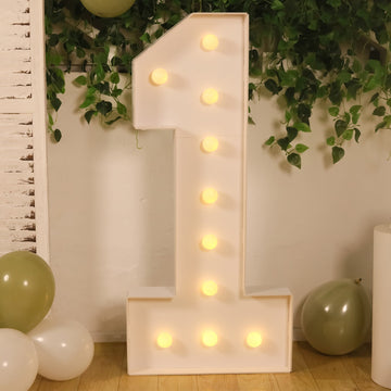 Giant LED Marquee Light Up Number "1", White 4ft Pre-Cut Foam Board with 10 Warm White Battery Operated LEDs, Glue Gun and Sticks