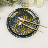 20 Pack Set | 9inch, 7inch Navy Blue Geometric Gold Print Plastic Plates