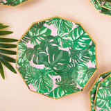 25 Pack | Tropical Palm Leaf 9inch Dinner Paper Plates, Disposable Plates Geometric With Gold Rim