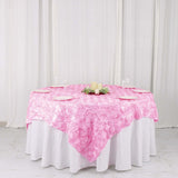 72x72inch Pink 3D Rosette Satin Table Overlay, Square Tablecloth Topper