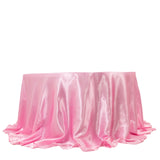 132inch Pink Seamless Satin Round Tablecloth for 6 Foot Table With Floor-Length Drop