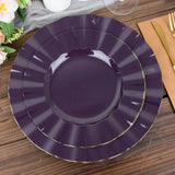 10 Pack | 9inch Purple Heavy Duty Disposable Dinner Plates with Gold Ruffled Rim Dinnerware