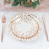 25 Pack | 9inch White Metallic Rose Gold Polka Dot Dinner Paper Plates