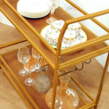 3ft Gold Metal 2-Tier Bar Cart Wine Rack With Wooden Serving Trays, Kitchen Trolley 5 Wine Bottles