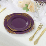 10-Pack Plastic 8INCH Round Dessert Plates in Purple with Gold Leaf Embossed Rim Disposable Vintage