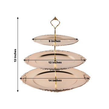 3-Tier Plastic Round Cupcake Stand Metallic Gold - Vintage-Inspired Reusable Dessert Display Holder Tea Party Serving Tray Platter with Baroque Rim & Top Handle 13"