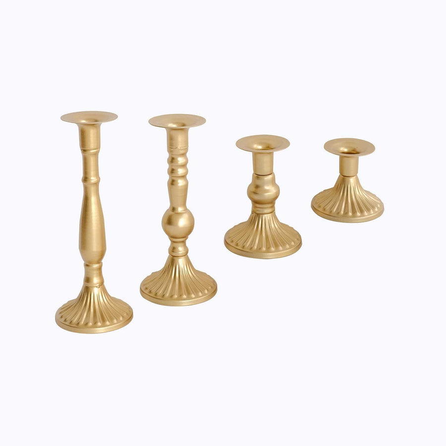 Set of 4 Taper Candle Holders Gold Baroque Metal Vintage Design - Wedding Centerpieces Decorative Stands 3", 5", 8", 9"