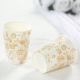 24 Pack 9oz French Toile Party Cups, White Gold Elegant Disposable Paper Cups