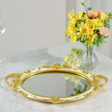 Metallic Gold/White Oval Resin Decorative Vanity Serving Tray, Mirrored Tray with Handles