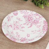 25 Pack 7inch French Toile Disposable Salad Plates, White Pink Round Paper Appetizer