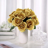 12inches Gold Artificial Velvet-Like Fabric Rose Flower Bouquet Bush