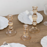 Set of 3 Amber Gold Ribbed Glass Taper Candlestick Holders, Fluted Crystal Candle Stands