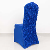 Royal Blue Satin Rosette Spandex Stretch Banquet Chair Cover, Fitted Slip On Chair Cover