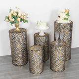 Set of 5 Black Wave Mesh Cylinder Pedestal Stand Covers with Embroidered Sequins, Premium Pillar