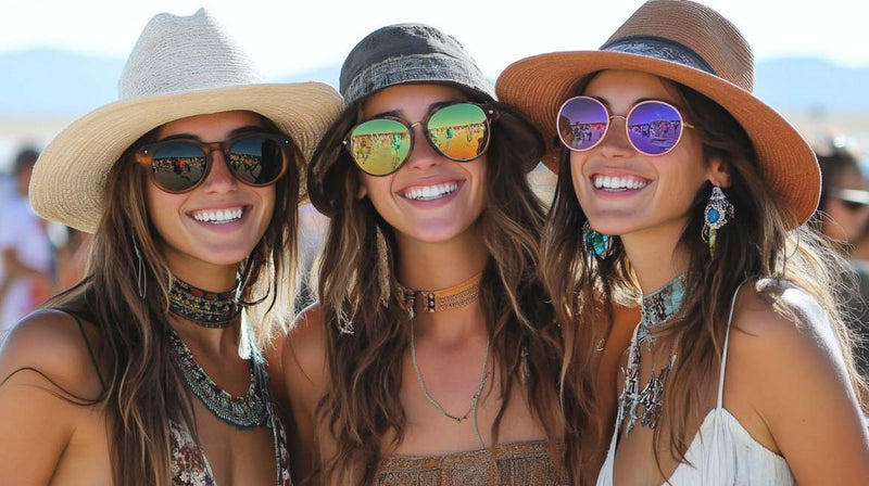 Three women at Coachella wearing hats and sunglasses