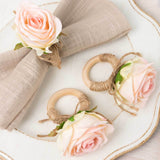 4 Pack Blush Artificial Rose Flower Wooden Napkin Holders, Farmhouse Country Floral Napkin Rings