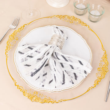 White And Black Cloth Dinner Napkin With Wave Embroidered Sequins, Decorative Reusable Mesh Napkin - 20"x20"
