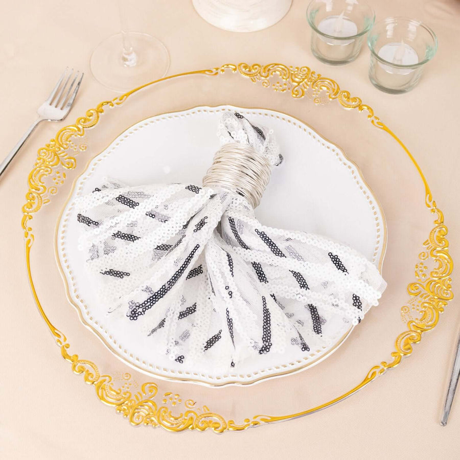 White Black Wave Embroidered Sequin Mesh Dinner Napkin, Reusable Decorative Napkin