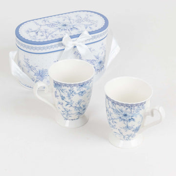 White Blue French Toile Bridal Shower Gift Set, 2 Pack Porcelain Tea Cups With Matching Keepsake Gift Box and Satin Ribbon Handle