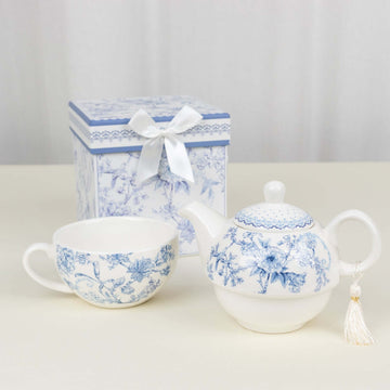 White Blue French Toile Bridal Shower Gift Set, Porcelain Teapot and Cup Set with Matching Keepsake Gift Box