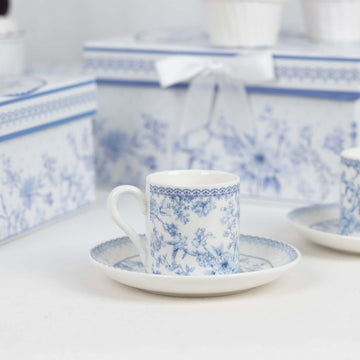 White Blue French Toile Bridal Shower Gift Set, Set of 2 Porcelain Espresso Cups and Saucers with Matching Keepsake Box