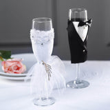 Set of 2 | 9Inch Black Bride Groom Koozie Clear Champagne Glasses, Wedding Toast Flutes