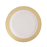 10 Pack White Disposable Party Plates With Beige Gold Spiral Rim, 10" Round Plastic Dinner#whtbkgd