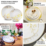 Set of 20 White Plastic Dinner Dessert Plates With Metallic Gold Floral Design, Disposable Round