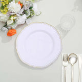 10 Pack | 9inch White / Gold Scalloped Rim Plastic Dinner Plates