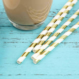 25 Pack 8" White/Gold Striped Disposable Paper Straws