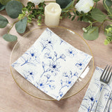 50 Pack White 2-Ply Paper Beverage Napkins with Blue Outlined Flowers Print