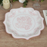 25-Pack Paper Dessert Plates in White with Pink Damask Floral Print & Scallop Rim