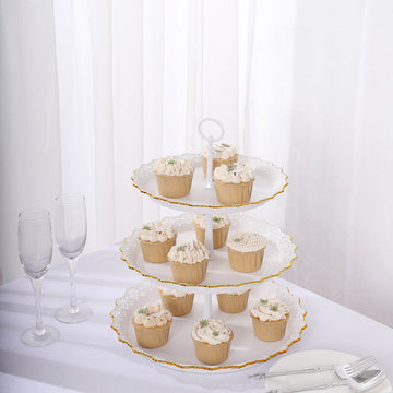 15" White 3-Tier Plastic Cupcake Stand Tower With Lace Cut Gold Rim, Reusable Round Dessert Stand With Scalloped Edges