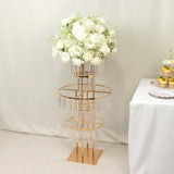 Elegant floral stand with white roses and crystal accents.