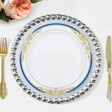 10 Pack | White With Royal Blue Rim 10inch Plastic Dinner Plates, Round With Gold Vine Design