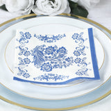 50 Pack 2-Ply Paper Beverage Napkins in White Royal Blue Damask Pattern