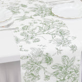 Polyester Table Runner 12x108inch White with Dusty Sage Green French Toile