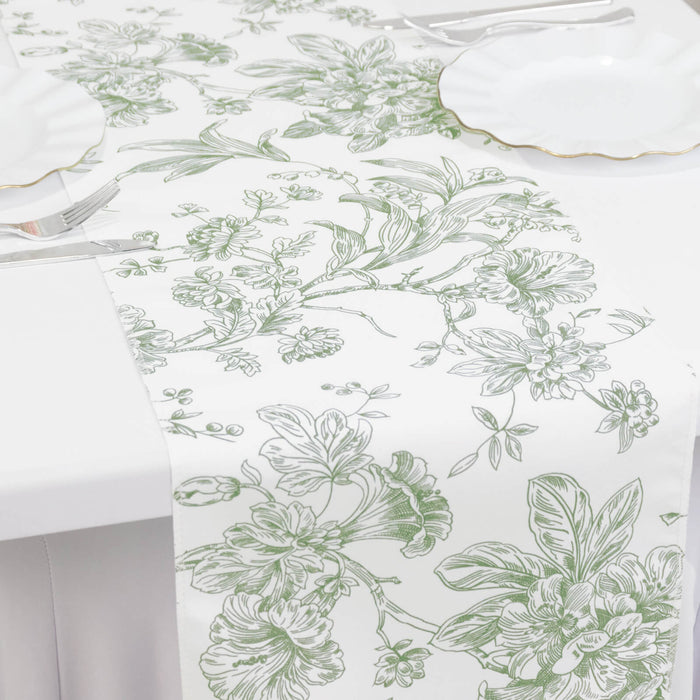 Polyester Table Runner 12x108inch White with Dusty Sage Green French Toile