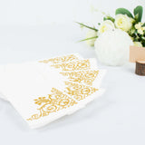 20 Gold Foil White Airlaid Linen-Feel Paper Dinner Napkins, Disposable Hand Towels Fleur Vintage