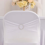 White Spandex Folding Chair Covers with Silver Rhinestone Buckled Sash Band