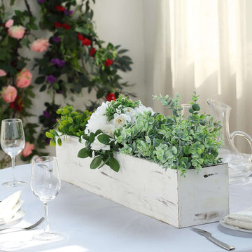 White Wood Planter Rectangular Box 30"x6"- Durable Decor with Removable Plastic Liner for Tables