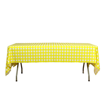 Plastic Table Cover White/Yellow Checkered Rectangle - Lightweight PVC Disposable Tablecloth 54"x108"