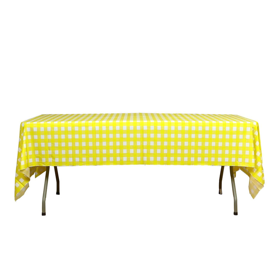 White Yellow Checkered Rectangle Plastic Table Cover, 54x108inch PVC Waterproof Disposable