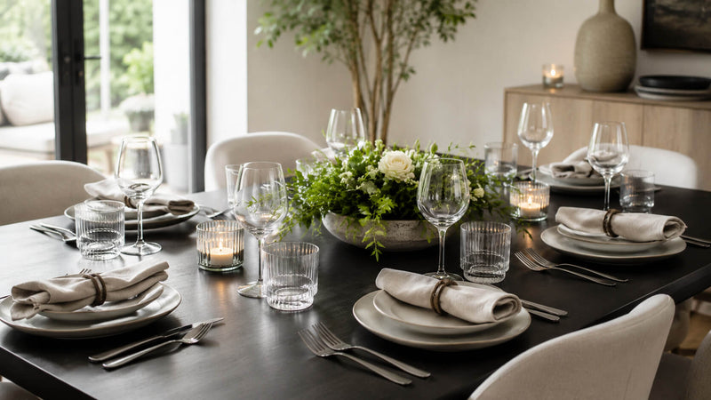 Elegant dining table setting with candles and floral centerpiece