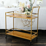 3ft Gold Metal 2-Tier Bar Cart Wine Rack With Wooden Serving Trays, Kitchen Trolley 5 Wine Bottles